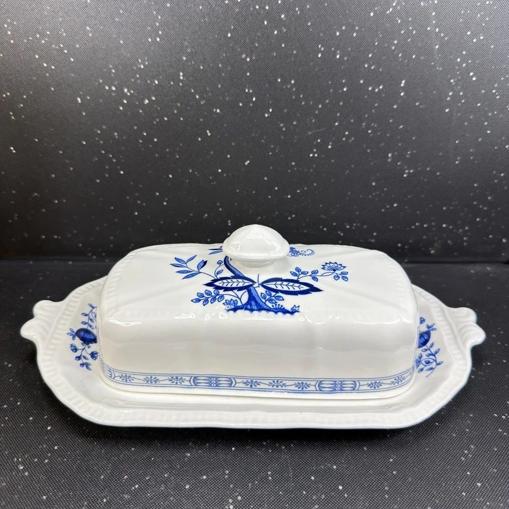 Kensington Staffordshire Ironstone Blue Onion Butter Dish Handcrafted England